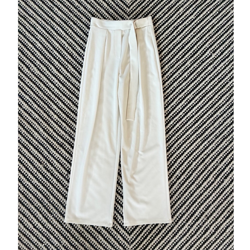 HM Women White High Waisted Wide Leg Belted Pleated Trousers minimalist Size XS